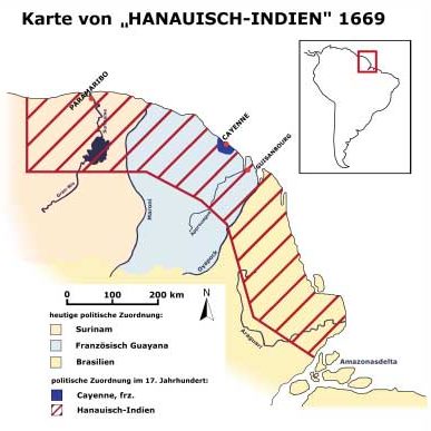 Karte von "Hanauisch-Indien" (1669), erstellt von R. Dietrich und M. Müller nach Angaben bei F. Hahnzog.